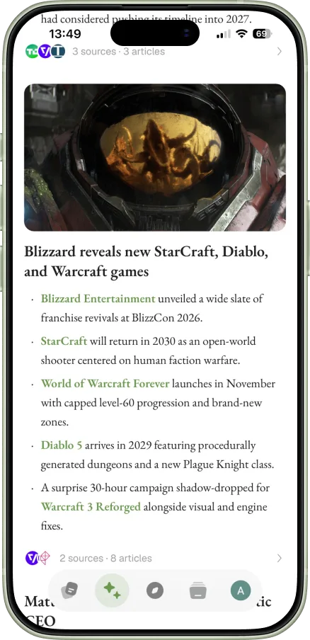 The same story condensed into a single card in your Daily Digest, linking back to every source