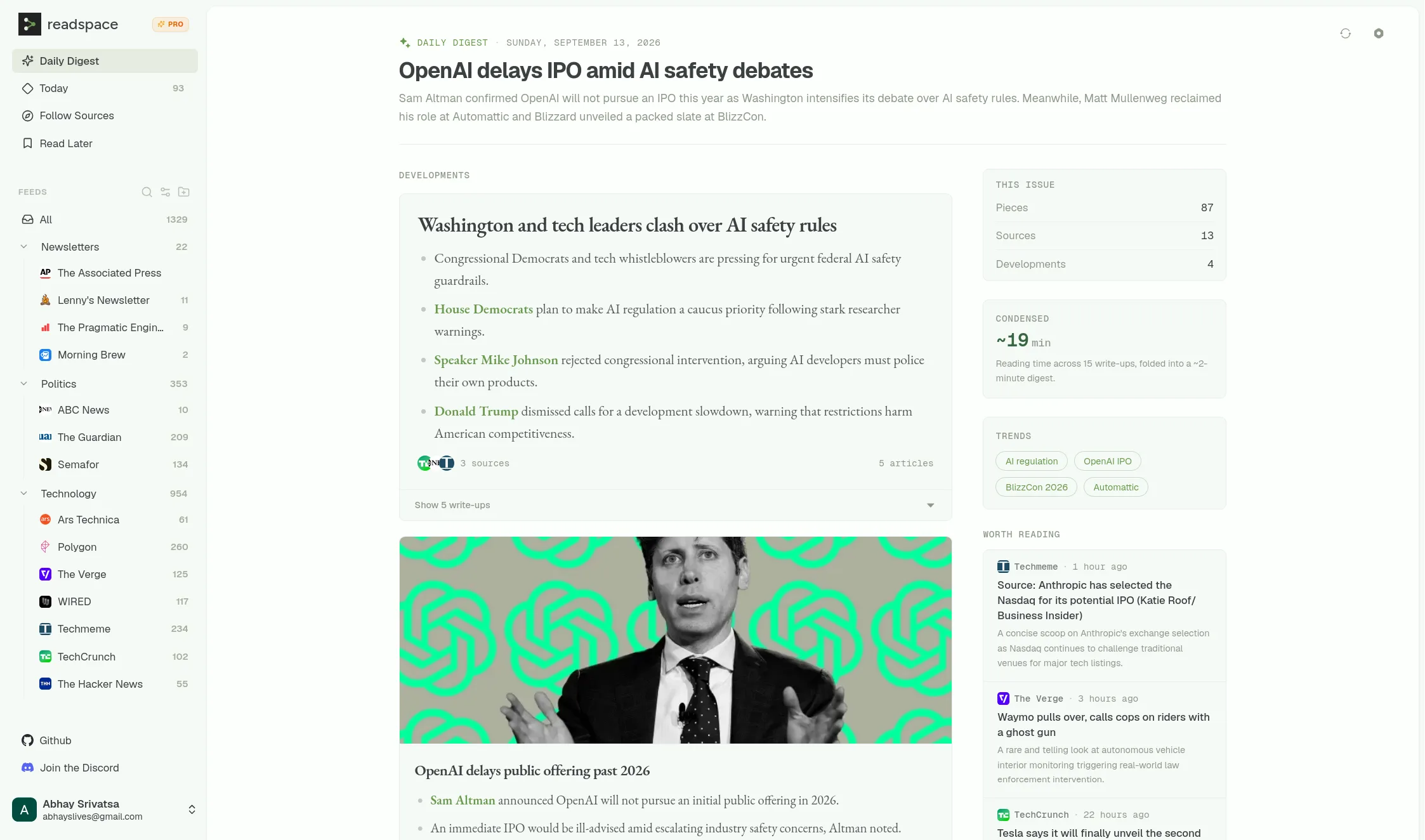 The Readspace web app showing the Daily Digest, with sidebar, developments, and worth-reading sidebar