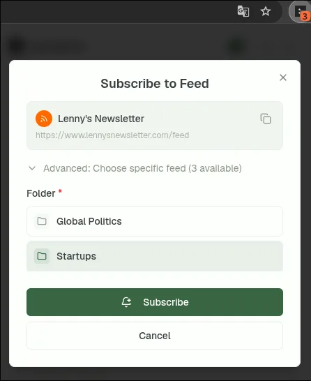 The Readspace browser extension's Subscribe to Feed dialog, detected automatically from the current page