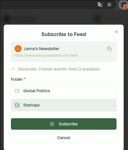 The Readspace browser extension&rsquo;s Subscribe to Feed popup open in Chrome, with the feed detected automatically from the current page