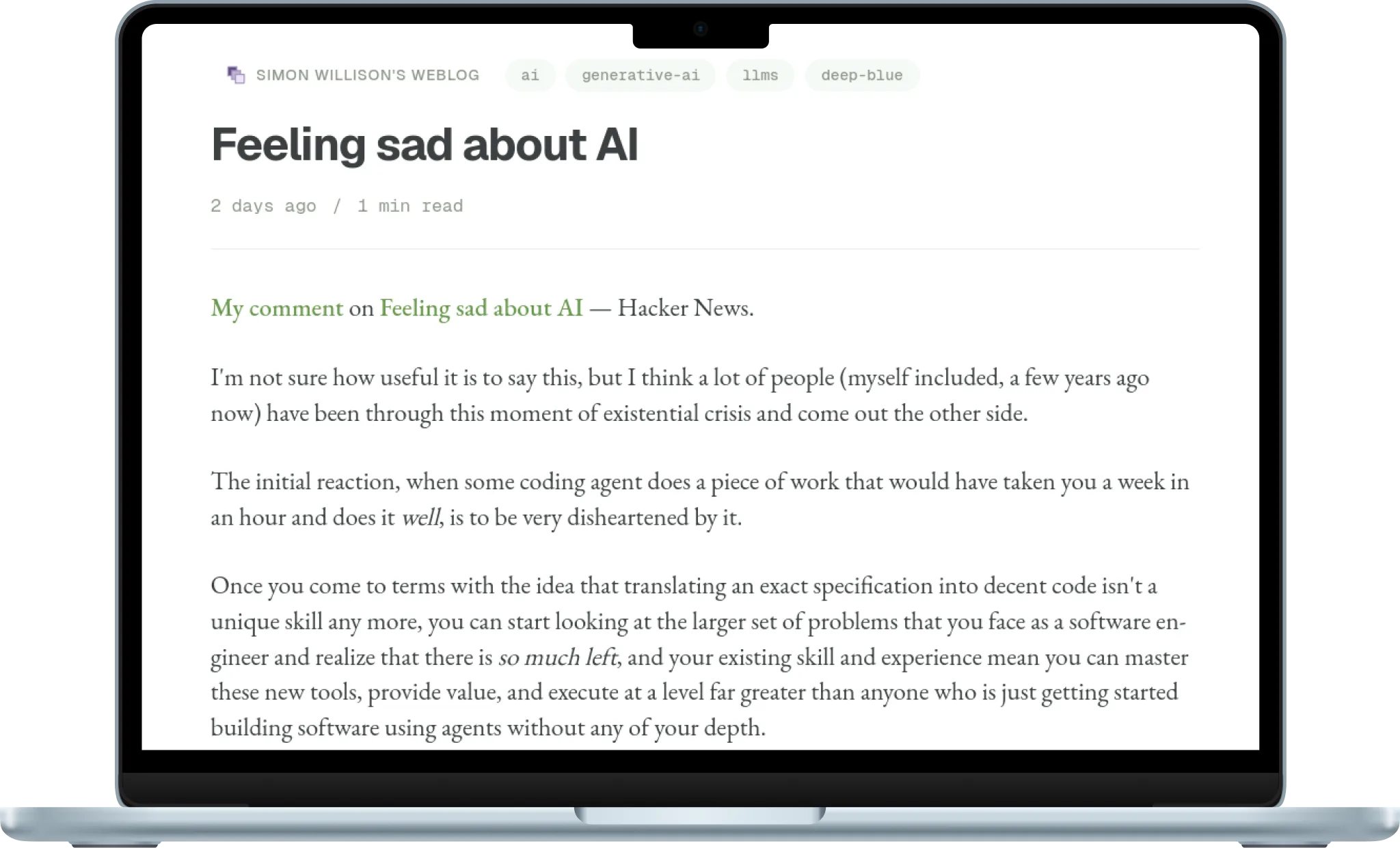 An article open in the Readspace reader view, shown on a MacBook