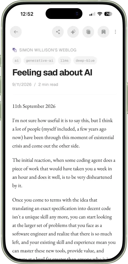 An article open in the Readspace iOS reader view, shown on an iPhone