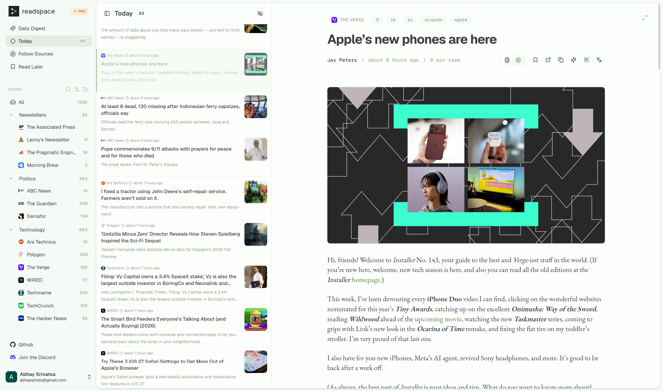 The Readspace web app showing Your feed, with the sidebar, article list, and an open article in the reader pane