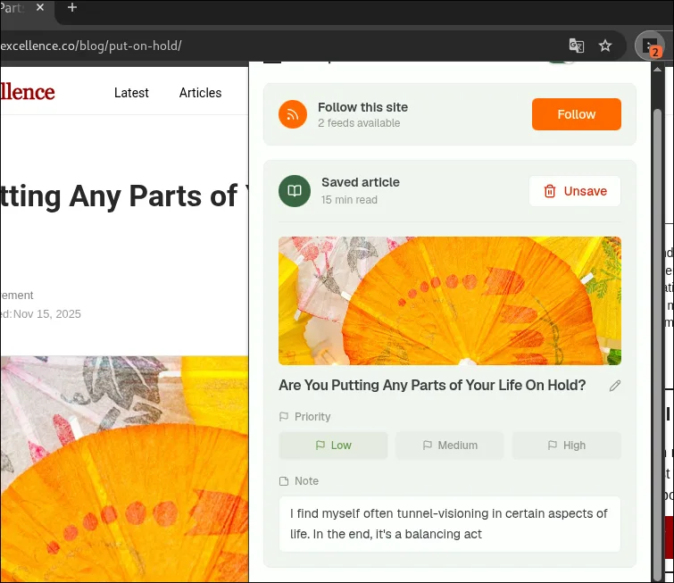 Saving an article to Readspace from the browser extension, with a reading priority and a note