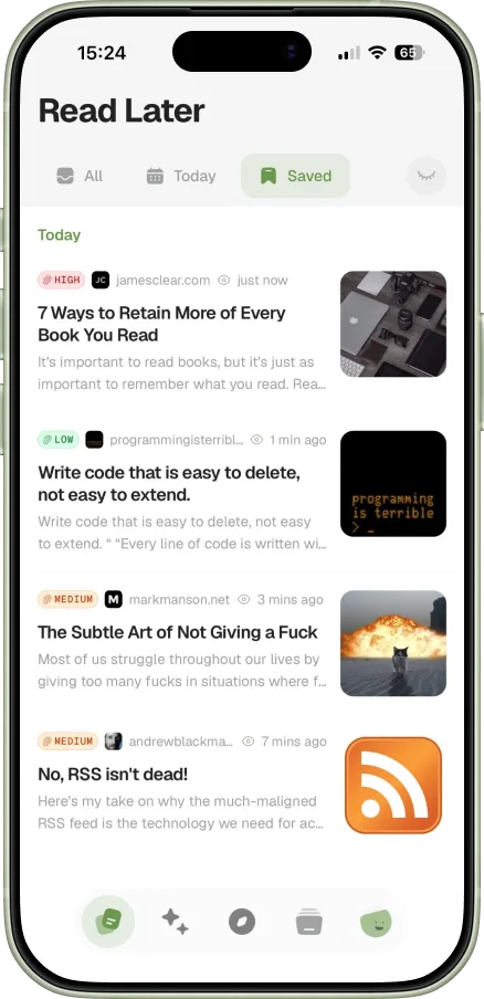 Saved articles in the Readspace iOS app, shown on an iPhone